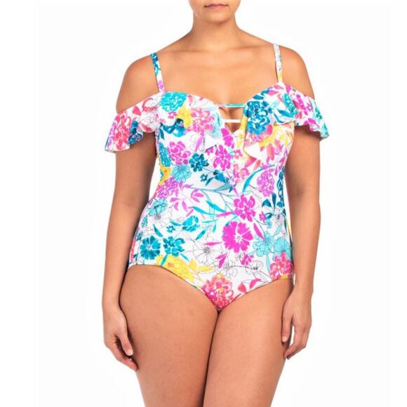 New Kenneth Cole Women's Plus Cold Shoulder Ruffle Floral One-Piece Swimsuit - Picture 1 of 9